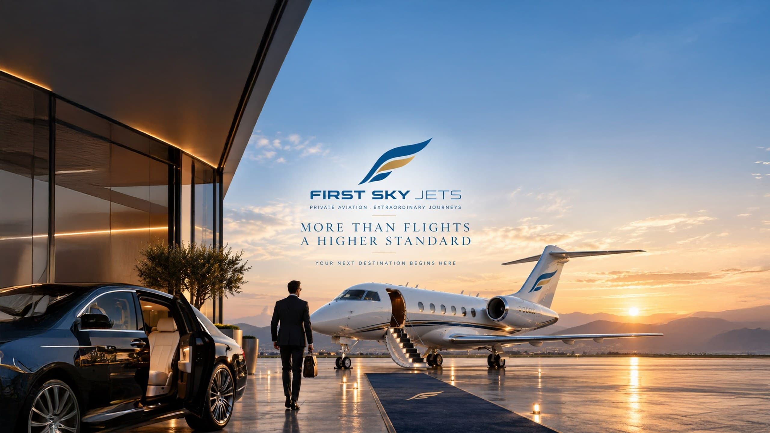 Banner nhận diện First Sky Jets với chuyên cơ trên đường băng lúc hoàng hôn